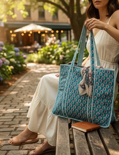 100% Cotton Quilted Tote Bag For Women (Ball Blue Purple Thorn Floral Print)