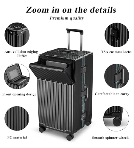 Super Large Aluminum Frame Zipperless Checked Luggage Front Pocket (B1-Jet Black / 30in)