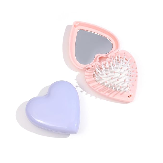 Pink Heart Hair Brush With Mirror, Air Cushion Folding Brush, and Massage Styling Tools for Women and Girls