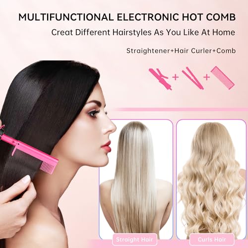 Electric Hot Comb Hair Straightener Heat Pressing Comb Curling Flat Iron Curler Hair Straightener Brush for Natural Black (Purple-3-gear)
