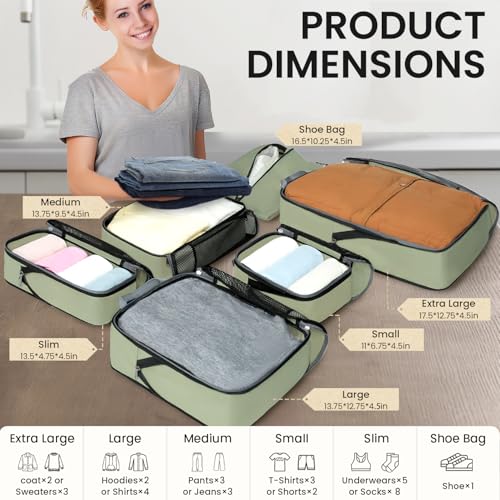 4 Set/6 Set/8 Set Compression Packing Cubes Travel Accessories Expandable Packing Organizers (Half Mesh, 6-Matcha Green) (6-Matcha Green / Half Mesh)