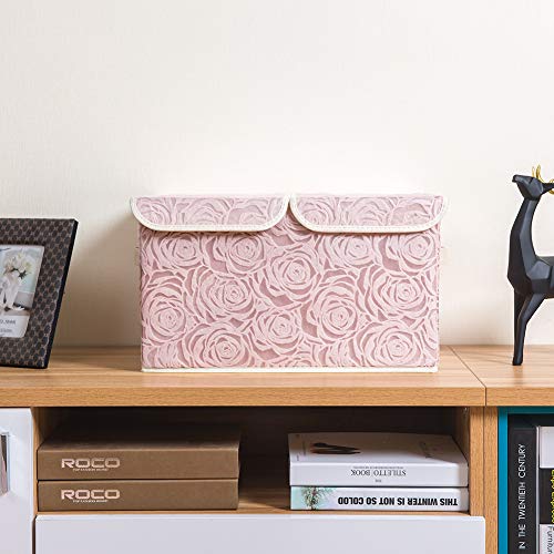 Large Stackable Storage Bins with Lids Fabric Decorative Storage Box Cubes Organizer Containers Baskets with Cover Handles Divider for Bedroom Closet Living Room 17.3x11.8x9.8 Inch 3 Pack (Pink / Double Lid/3pcs)