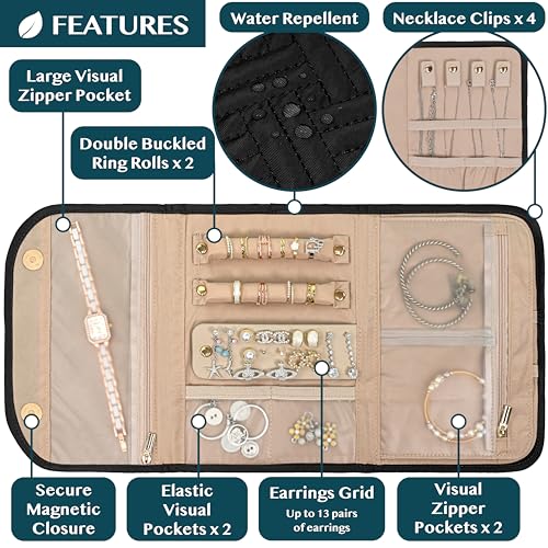 Travel Jewelry Case Organizer Roll Bag for Accessories Quilt Black (Quilt Black)