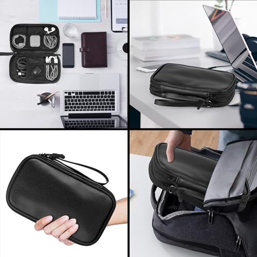 PU Leather Cable Organizer Double Layer Travel Pouch (Black / M)