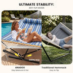 Double Hammock with Stand 500lbs Heavy Duty Outdoor Two Person Blue (Blue)