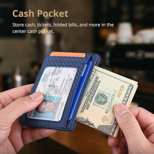 Slim Minimalist Front Pocket RFID Blocking Leather Wallets for Men and Women (Small / Carbon Fiber Blue)