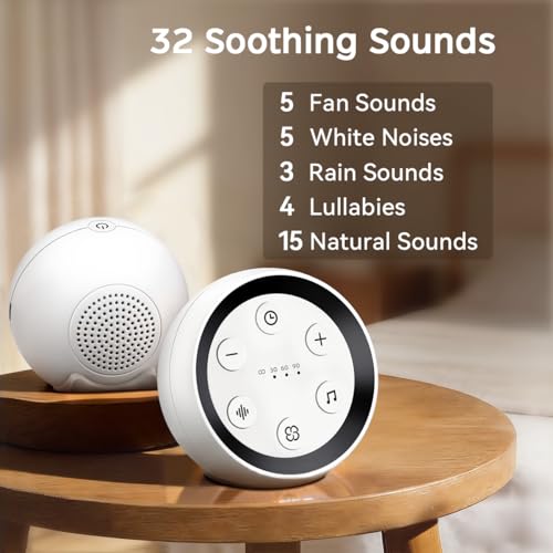 Portable Sound Machine White Noise Machine for Baby Kids Adults Sleeping with 32 Soothing Sounds 32 Volume Levels Brown Noise Machine with 4 Timer Memory Funtion for Travel Office Privacy (White)