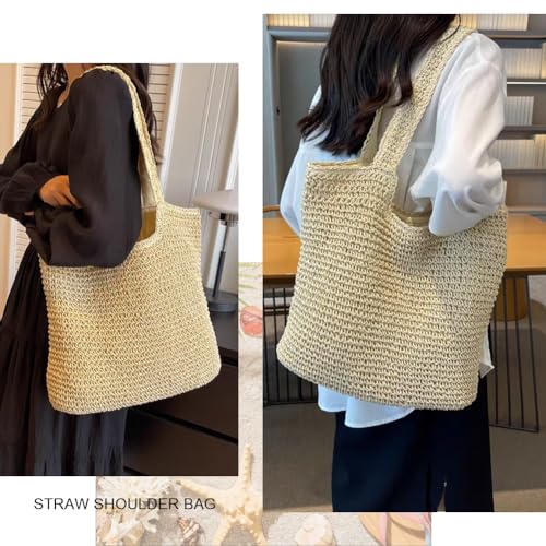 Straw Beach Bags for Women Straw Woven Beach Tote Bag Casual Boho Large Shoulder Handbags Purse for Vacation Holiday Picnic (E Beige)