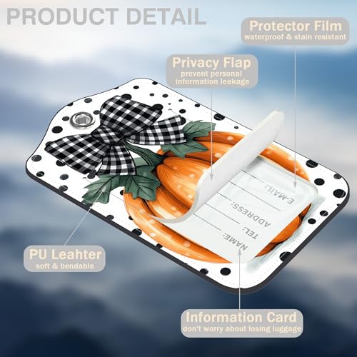 2 Pcs Pumpkin with Checkered Bow Luggage Tags for Suitcases Polka Dots PU Leather Baggage Tags Name ID Label with Privacy Cover and Stainless Steel Loop for Men Women Travel Bag Suitcase (Pumpkin With Checkered Bow)