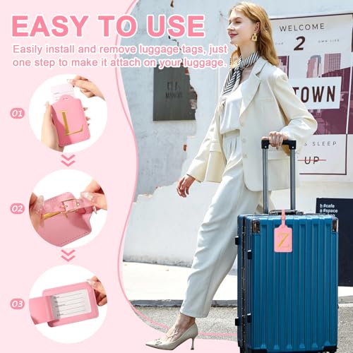 Personalized Initial Luggage Tags for Suitcase (Pink Leather,glod Letter / Z)