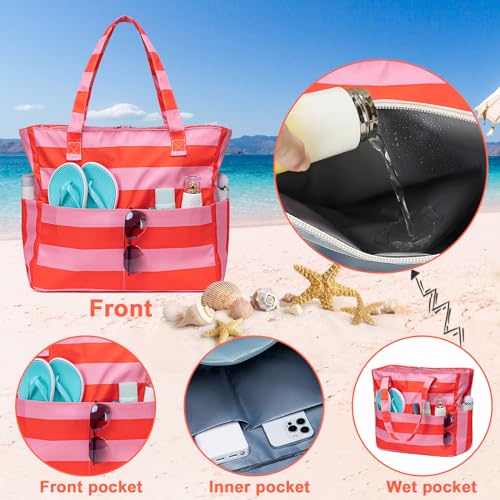 Waterproof Beach Tote Pool Bags for Women Ladies Extra Large Gym Tote Carry On Bag With Wet Compartment for Weekender Travel (Rose Pink Stripe)
