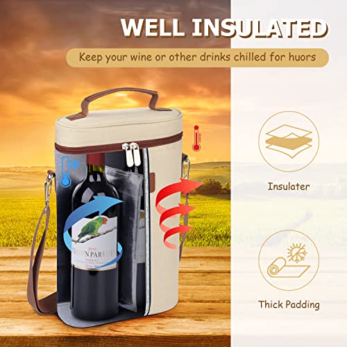 2 Bottle Insulated Wine Tote Carrier Bag (Beige / 2 Bottle-without front pocket)