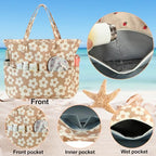Waterproof Beach Tote Pool Bags for Women Ladies Extra Large Gym Tote Carry On Bag With Wet Compartment for Weekender Travel (Beige Floral 157)