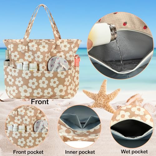 Waterproof Beach Tote Pool Bags for Women Ladies Extra Large Gym Tote Carry On Bag With Wet Compartment for Weekender Travel (Beige Floral 157)