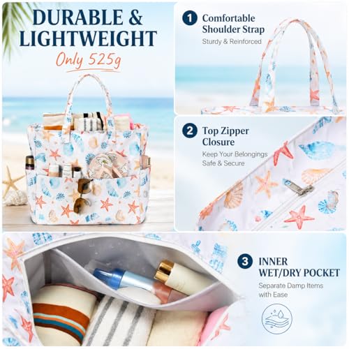 Beach Bag Waterproof Sandproof Women Beach Tote Pool Bag with Zipper for Gym Grocery Travel with Wet Pocket (Beige)