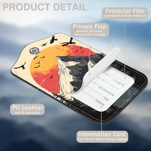 2 Pcs Mountain at Sunset Luggage Tags for Suitcases PU Leather Baggage Tags Name ID Label with Privacy Cover and Stainless Steel Loop for Men Women Travel Bag Suitcase (Mountain at Sunset)