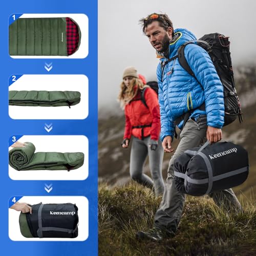 0 Degree Sleeping Bag Cotton Flannel Winter Cold Weather for Adults XXL Sleeping Bag 4 Season Big and Tall with Pillow Compression Sack (OLIVE_R)