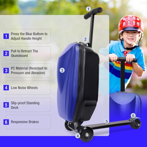 2-in-1 Ride-On Scooter Suitcase, 20” Foldable Hardshell Carry-On Luggage for Travel, Lightweight Kids Scooter Bag with Wheels (Dark Blue)