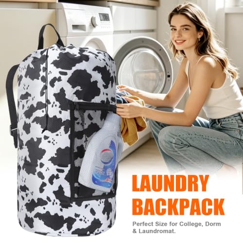 Laundry Backpack Portable Travel Laundry Bags with Straps and Mesh Pocket (Cow Print / 2 Pack)