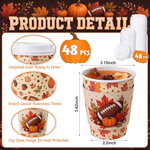 48 Sets 8 oz Fall Football Coffee Cups with Lids and Sleeves (Football)