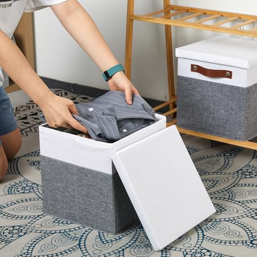 Foldable Fabric Storage Bins with Lids (10.5×10.5×10.5 / White&Grey)