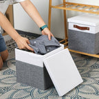 Foldable Fabric Storage Bins with Lids (10.5×10.5×10.5 / White&Grey)