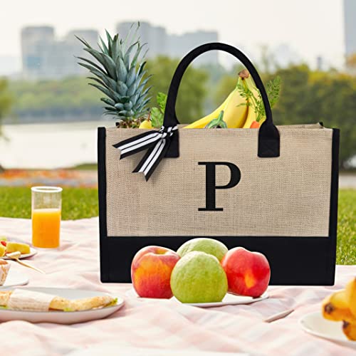 Initial Jute Canvas Tote Bag (Black & Brown / P)