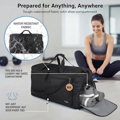 Travel Duffle Bag for Women & Men. Duffel Bag for Traveling & Camping (80L / All Black)