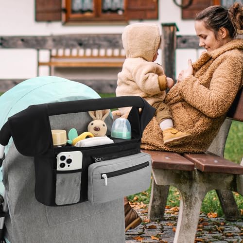 Universal Stroller Organizer with Insulated Cup Holder (Black, Grey Pocket / Classic Organizer)