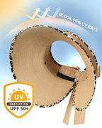 Women's Straw Sun Visor Hat UPF Wide Shade Ponytail Summer Hat (One Size / Leopard Print)
