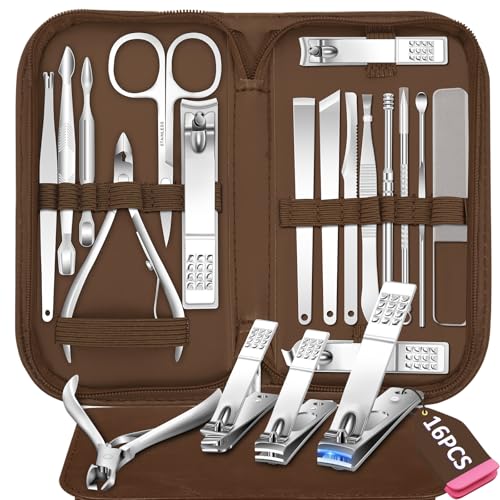 Manicure Set 16 In 1 Professional Stainless Steel Pedicure Kit Toenail Clippers Set Mens Grooming Kit Fingernail Kit for Women with Luxurious Travel Bag (16Pcs-Brown)