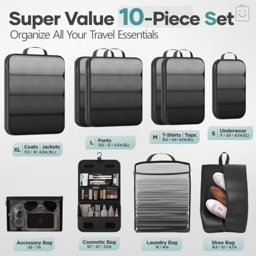 10 Set Compression Packing Cubes for Travel Essentials (Black(Toiletry Bag) / 10 set)