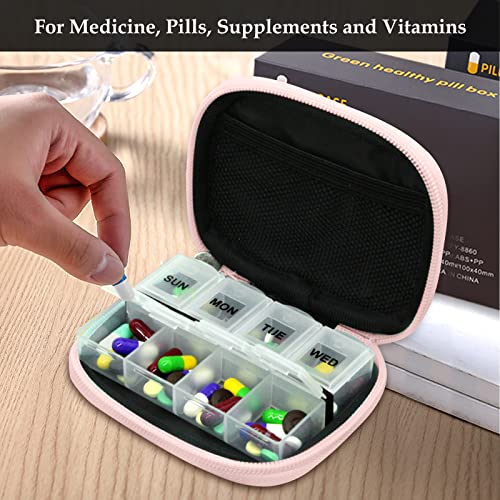 Weekly Travel Pill Organizer Cute Pill Case with 7 Day Pill Box (1 Case + 1 Box / A. Pink 01.)