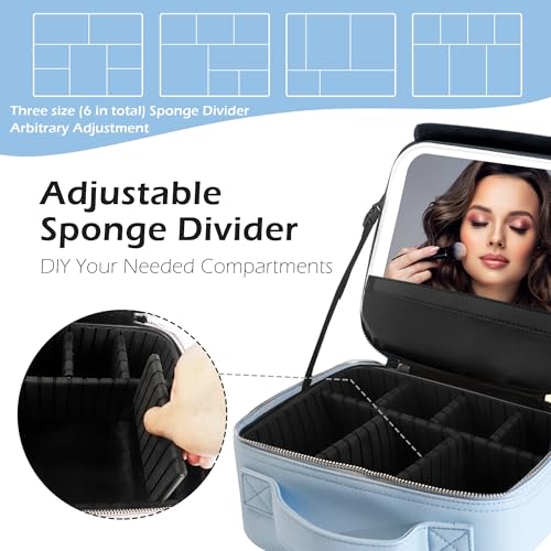 Travel Makeup Bag Cosmetic Bag Makeup Organizer Bag with Lighted Mirror (Azure Blue / Woven)
