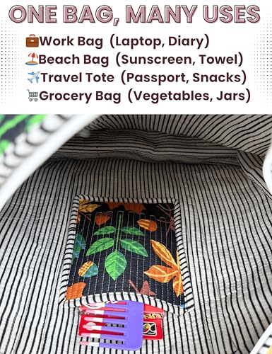100% Cotton Quilted Tote Bag For Women (Black Beauty Choco Chic Floral Print)