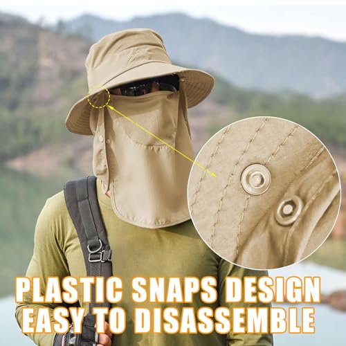Sun Hats for Men Women Fishing Hat UPF 50+ Breathable Wide Brim Summer UV Protection Hat with Face Cover & Neck Flap (Khaki(with Face Cover & Neck Flap ))