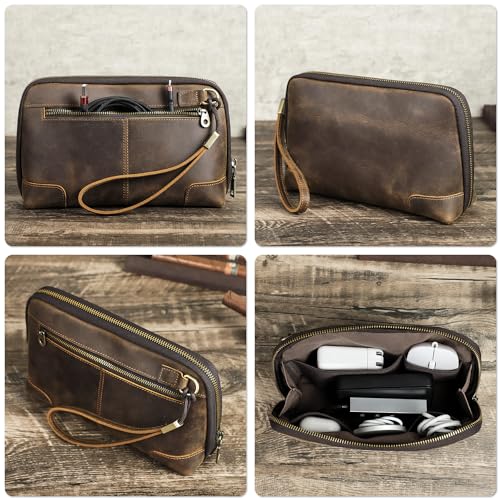 Top Grain Leather Text Custom Electronic Organizer Zipper Bag Tech Pouch (【text Customized】- Laser Engraving / Electronic Storage Case - Sturdy Handmade)