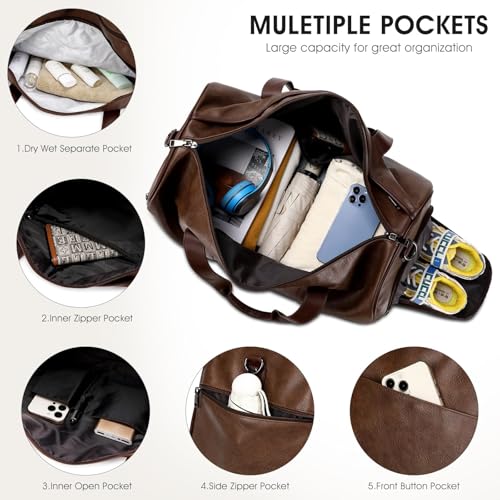 3PCS Faux Leather Weekender Bag for Women Men Travel Bag Overnight Bags (Coffee)