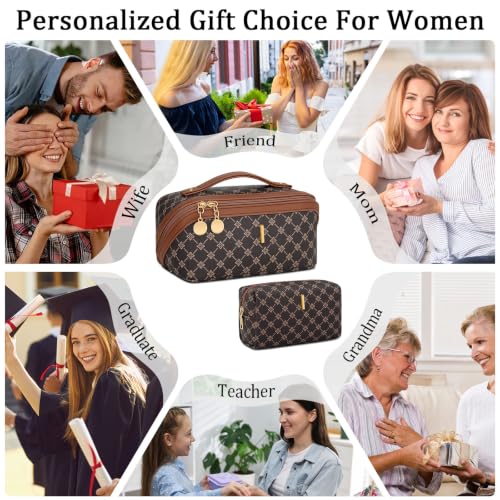 Initial Makeup Bag Personalized Gift for Women Teen Girls (Coffee / I)