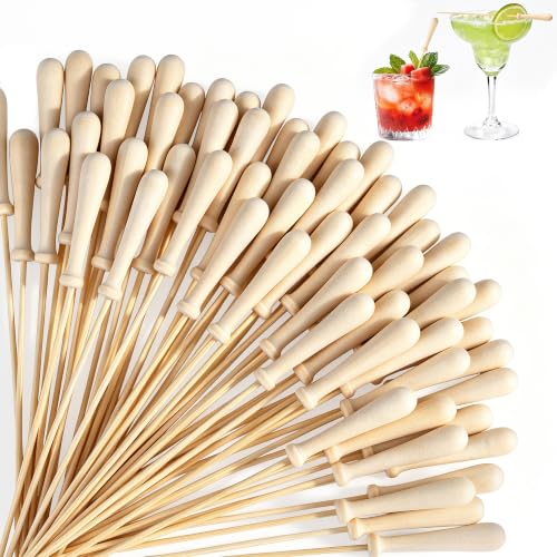100 Pcs Baseball Bat Cocktail Picks 6.1 Inch Baseball Bat End Bamboo Cocktail Skewers Decorative Fruit Toothpicks for Sport Theme Party Supplies Fruit Sandwich Buffets (Baseball Bat)