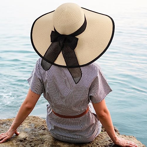 Womens Bowknot Straw Hat Foldable Beach Sun Hat Roll up UPF 51+ (Big Bow / Beige 5.9" Brim a)