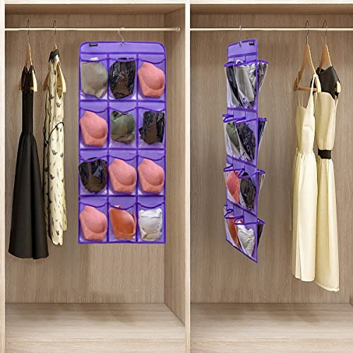 Dual Sided Hanging Shoe Organizer for Closet with Rotating Hanger Hanging Shoe Rack Holder with 24 Large Pockets (PURPLE)
