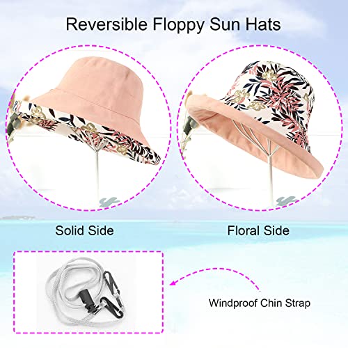 Women Floral Reversible Wide Brim Sun Hats Summer UV Protection Hiking Fishing Hat Wired Edge Beach Garden Lawn Work Cap Chin Strap (Medium / Qf002-pink)