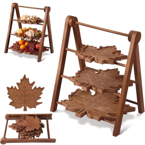 3 Tier Maple Leaf Serving Tray with 16" Collapsible Ladder Stand (Maple Leaf)