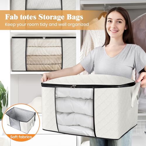 8 Pack Storage Bags for Clothes Blanket Storage Bins with Lids (8 Pack-60l / Ivory)