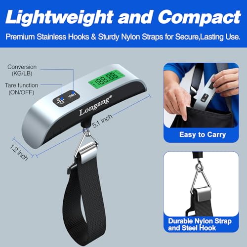 Digital Hanging Luggage Scale with Backlit for Travel (Silver)