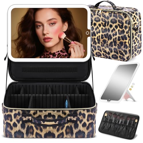 Large Travel Makeup Bag with LED Detachable Mirror (Leopard / Removable Mirror)