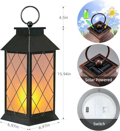 18" Solar Lanterns Outdoor Waterproof Flickering Flame Black (Antique Black)
