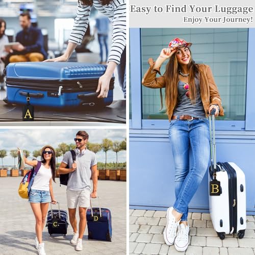 Personalized Initial Luggage Tags for Suitcase TSA Approved (Black Leather,glod Letter / O)