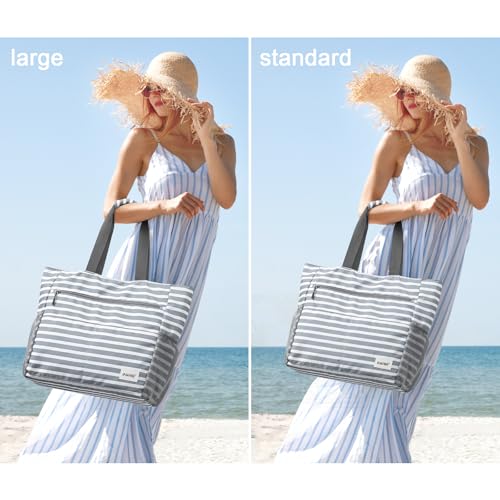 Beach Bag Waterproof Sandproof Large Capacity Foldable for Women (Grey Stripe / 35L)